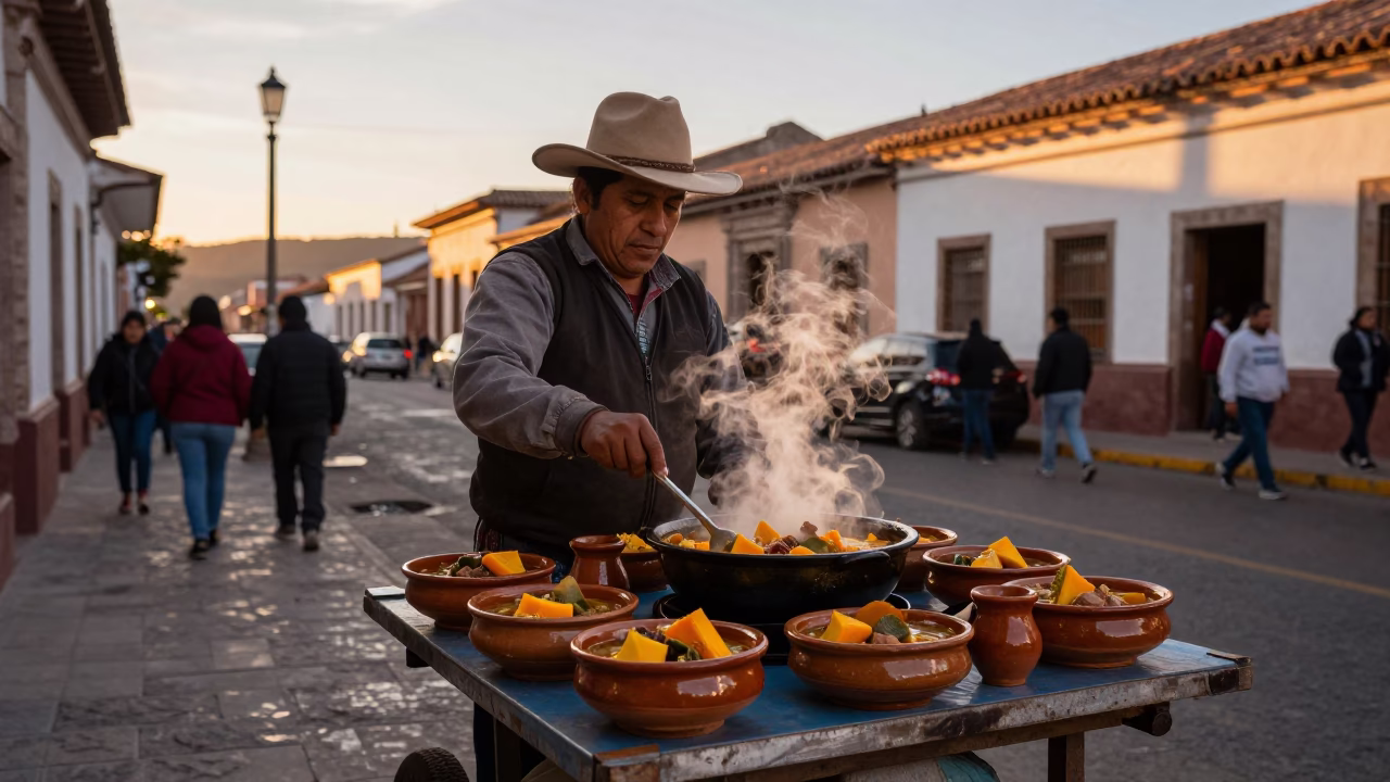 Candid Evening Street Scene in La Paz Bolivia with Locro Stew and Local Architecture in in La Paz, Bolivia