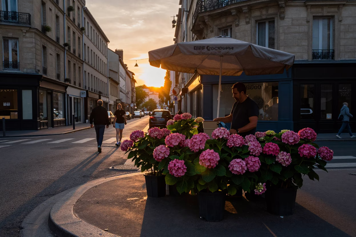 Candid Evening Street Scene in Lyon France with Hydrangeas and Local Life in in Lyon, France