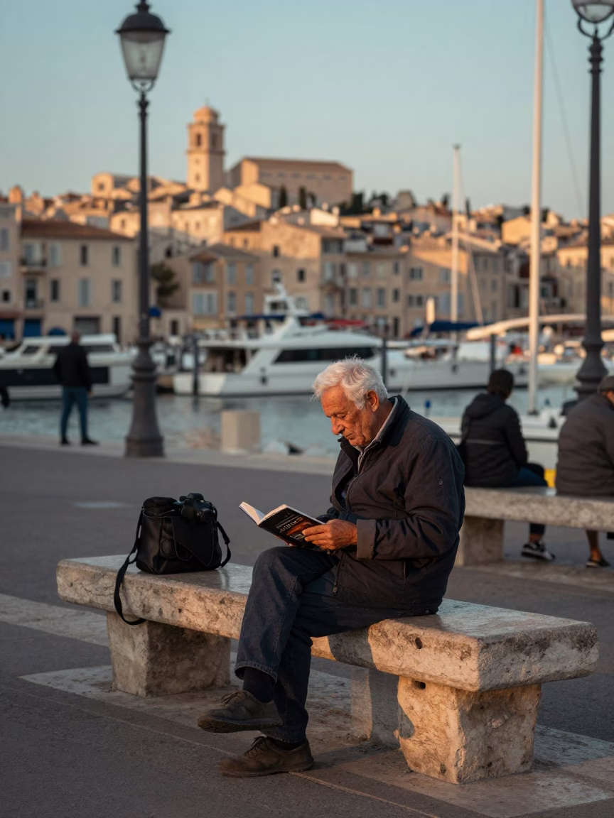 Candid Evening Street Scene in Marseille France with Grandfather Reading to Grandchild in in Marseille, France