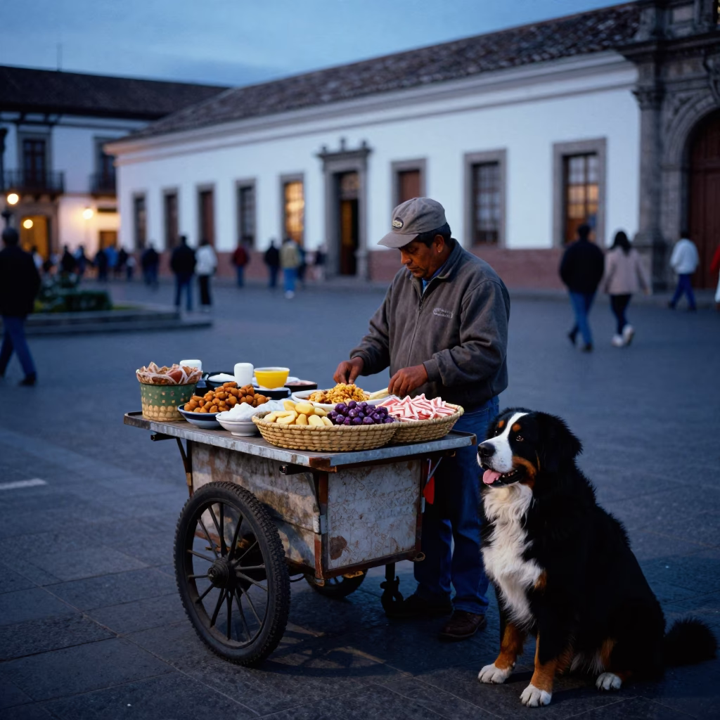Candid Evening Street Scene in Quito Ecuador with Local Vendor and Blue Hour Light in in Quito, Ecuador