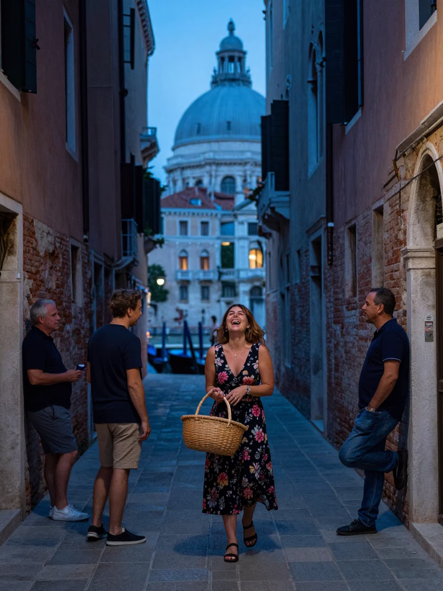 Candid Evening Street Scene in Venice Italy with Local Figures and Traditional Architecture in in Venice, Italy