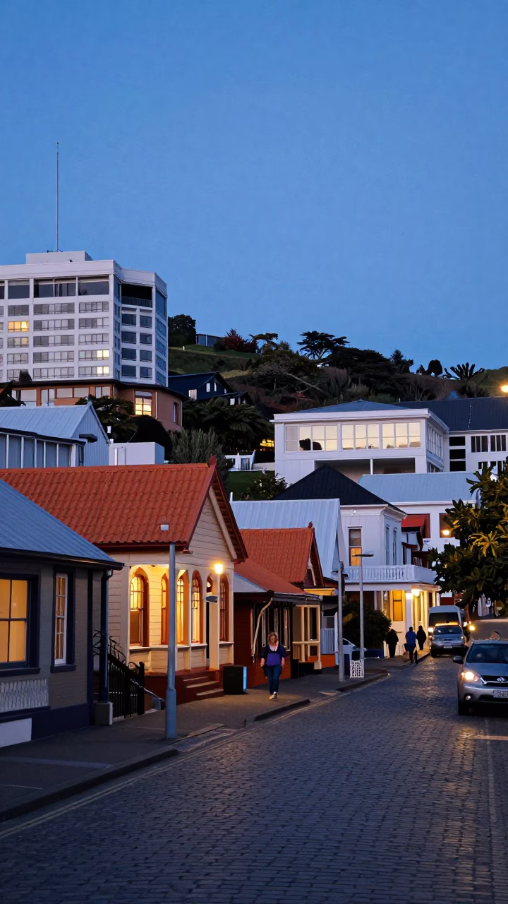 Candid Evening Street Scene in Wellington New Zealand with Vintage 1980s Aesthetic in in Wellington, New Zealand