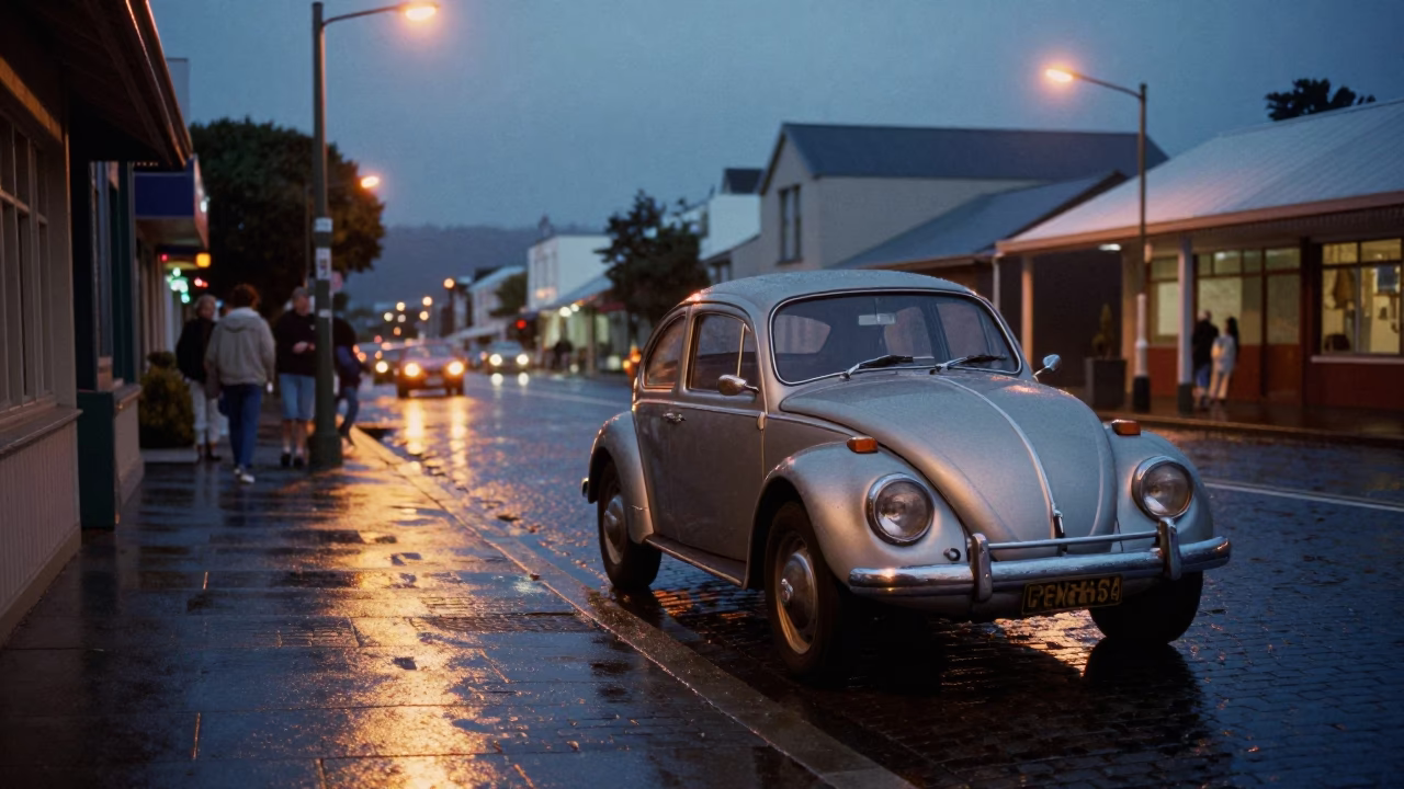 Candid Evening Street Scene in Wellington New Zealand with Vintage Car and Local Architecture in in Wellington, New Zealand