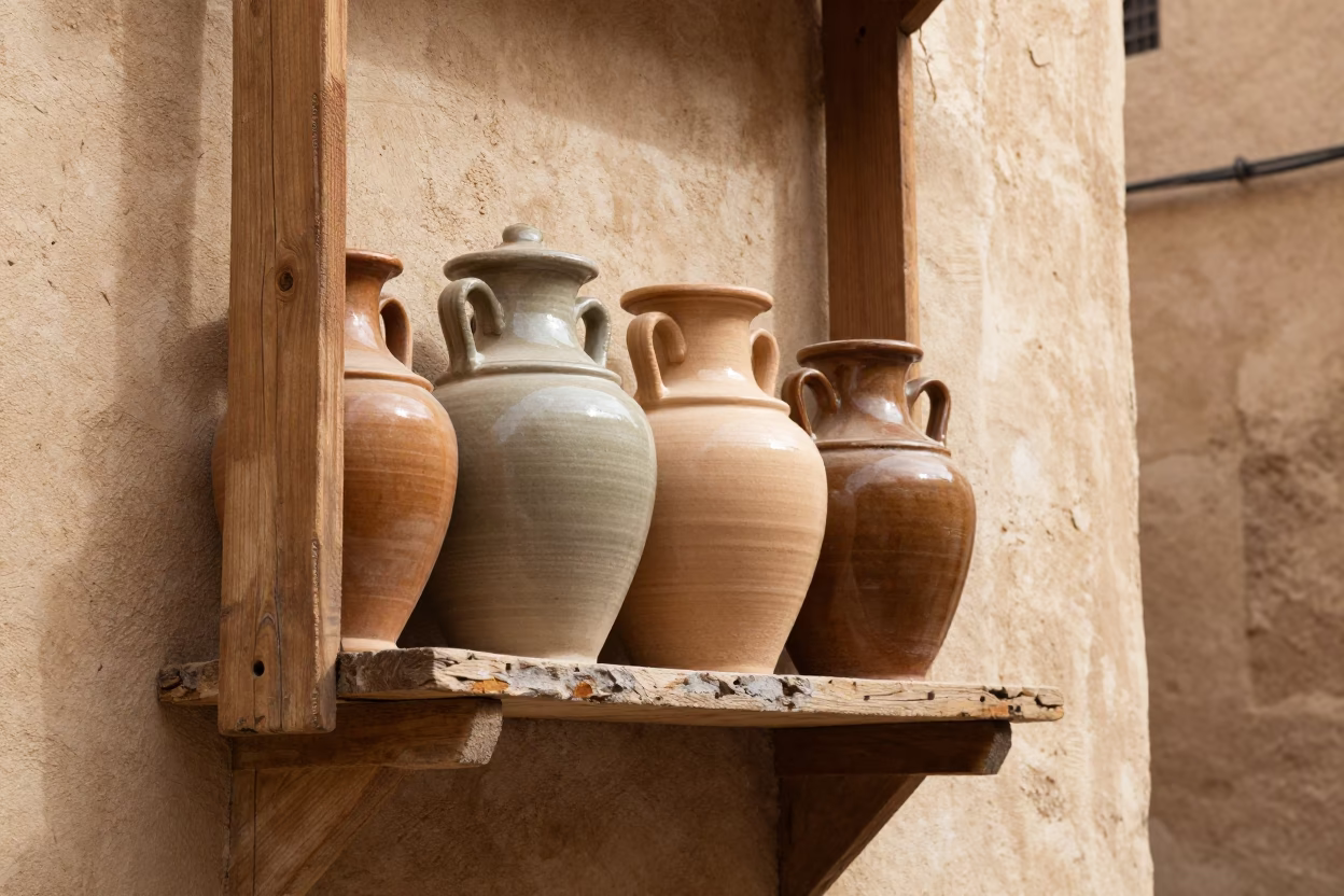 Candid Fez Morocco Noon Light Ceramic Jars and Wood Shelf Detail in in Fez, Morocco