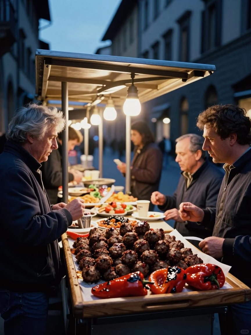 Candid Florence Evening Street Scene with Traditional Kofte and Grilled Peppers in in Florence, Italy