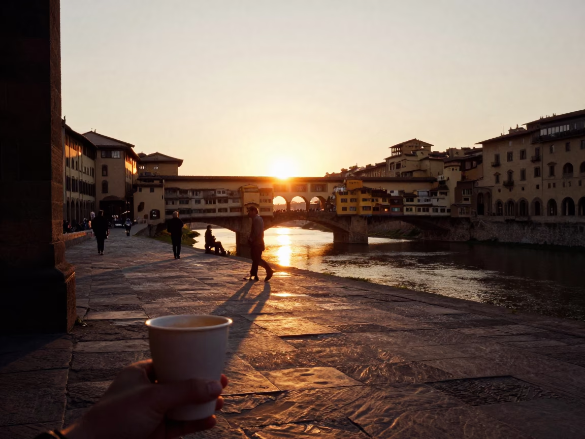 Candid Florence Street Scene at Sunset with Cup and Bridge Maintenance Cage in in Florence, Italy