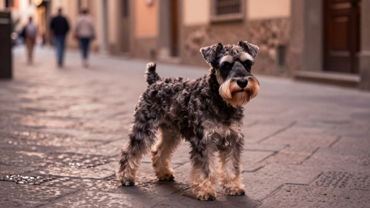 Candid Florence Street Scene with Standard Schnauzer in Copper Toned Dusk Light in in Florence, Italy