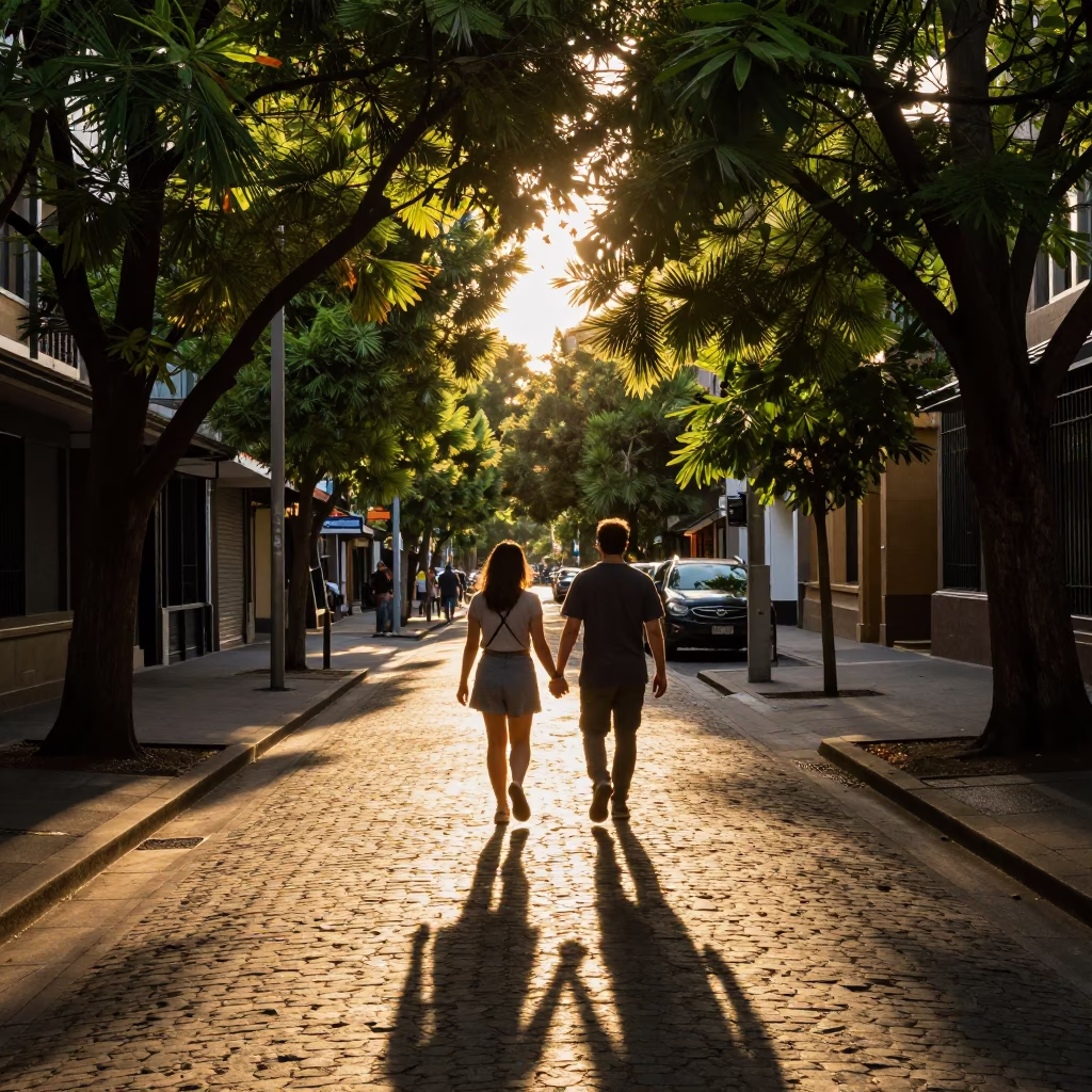 Candid Golden Hour Street Scene in Melbourne Victoria Australia with Couple Walking in in Melbourne, Victoria, Australia