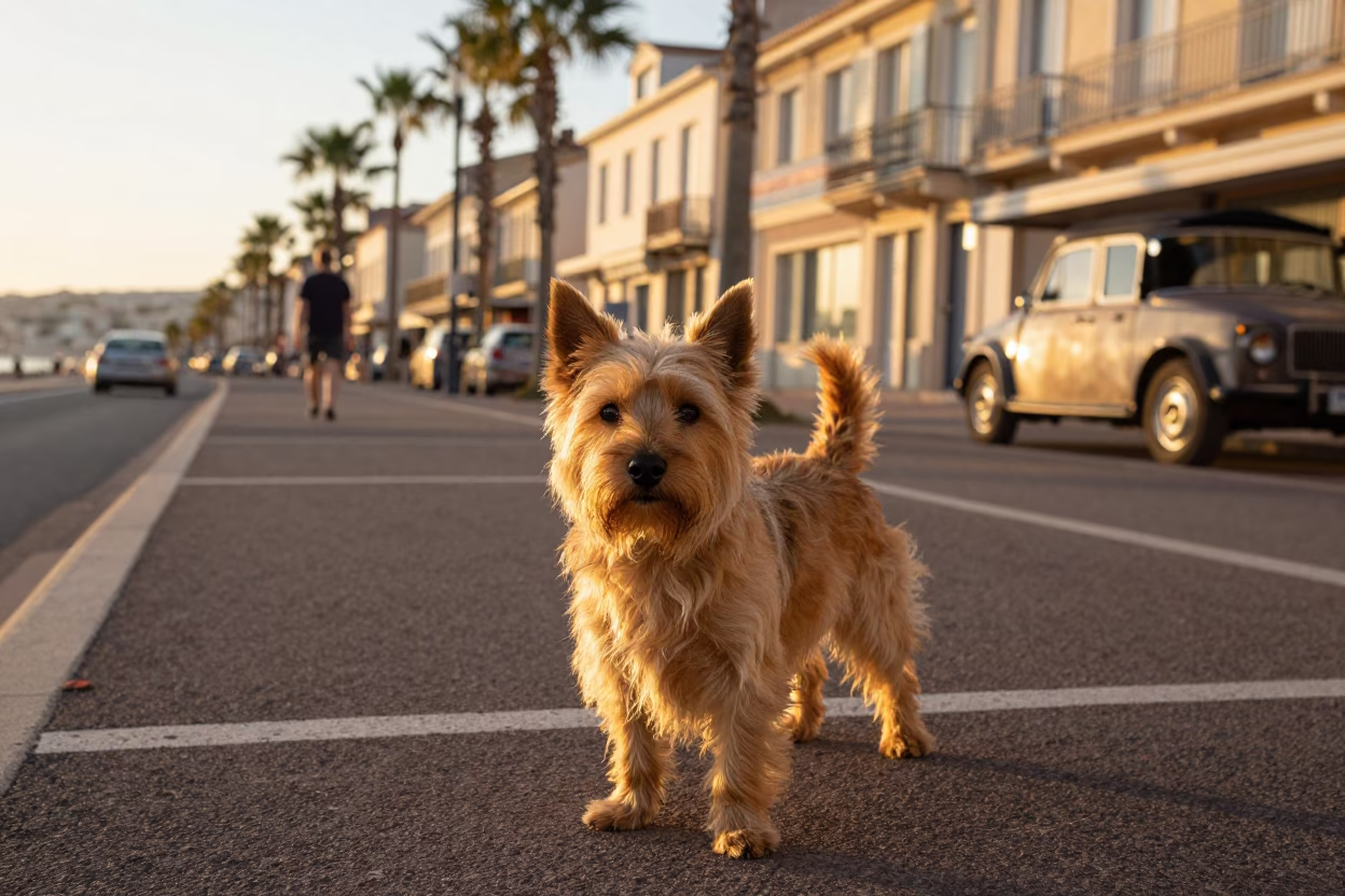 Candid Golden Hour Street Scene in Nice France with Cairn Terrier and Vintage Toolbox in in Nice, France