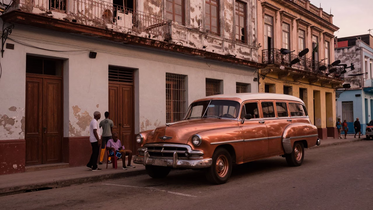 Candid Havana Cuba Street Scene Before Dusk Classic Bus and Local Life in in Havana, Cuba
