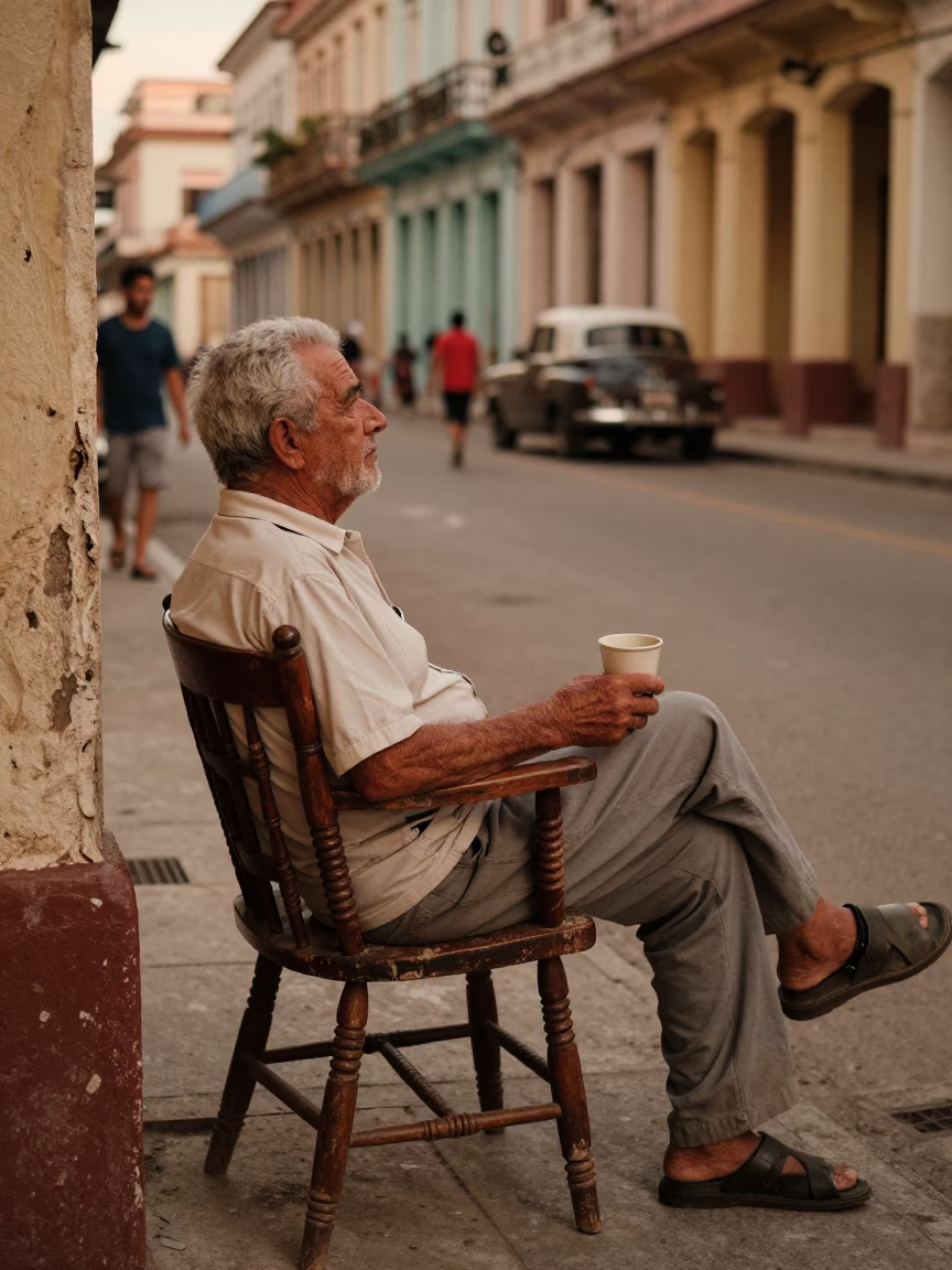 Candid Havana Evening Street Scene with Vintage Cup and Spindle Chair in Honeyed Light in in Havana, Cuba