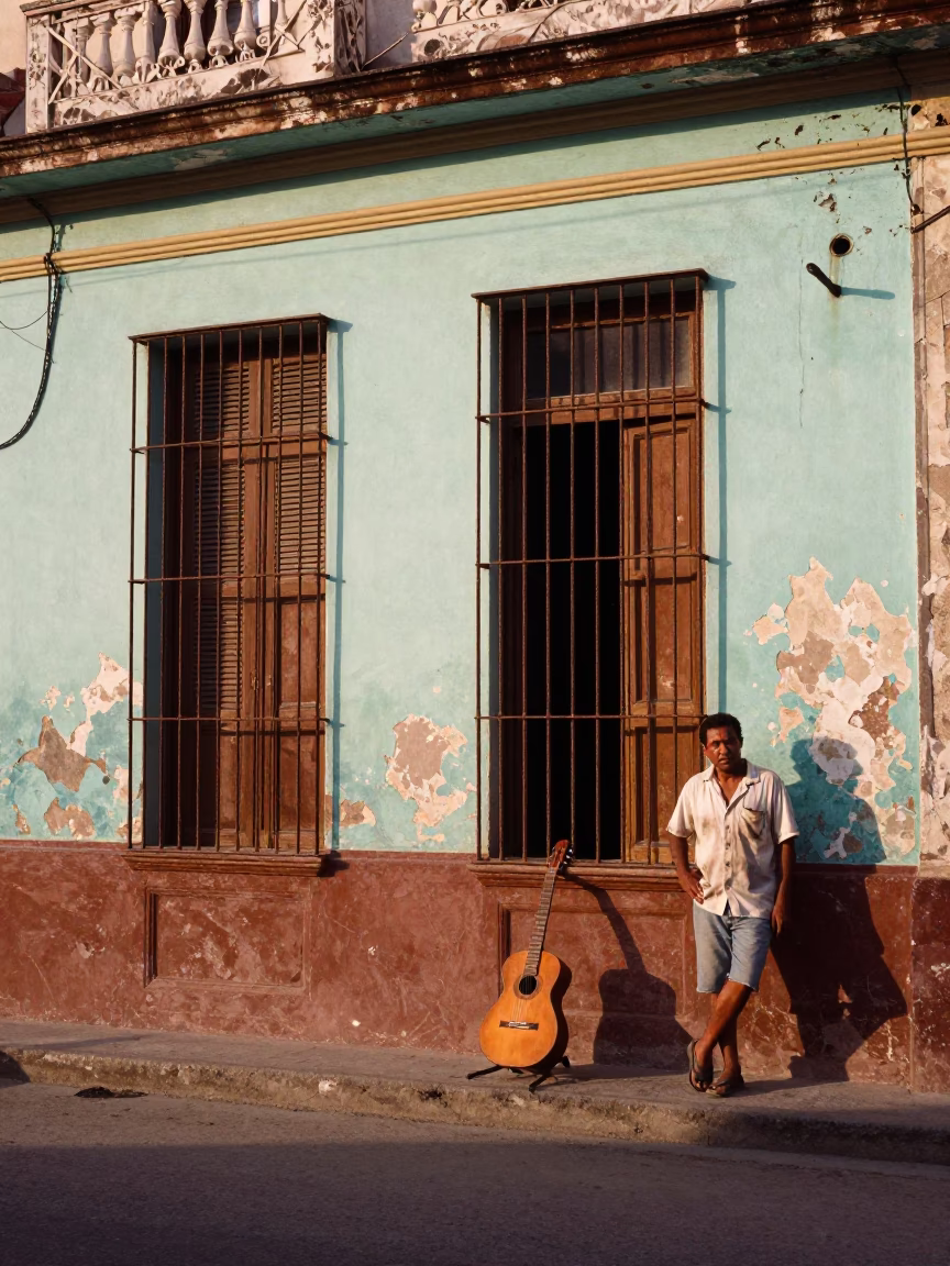 Candid Havana Morning Street Scene with Vintage Guitar and Tin Box near Colonial Architecture in in Havana, Cuba