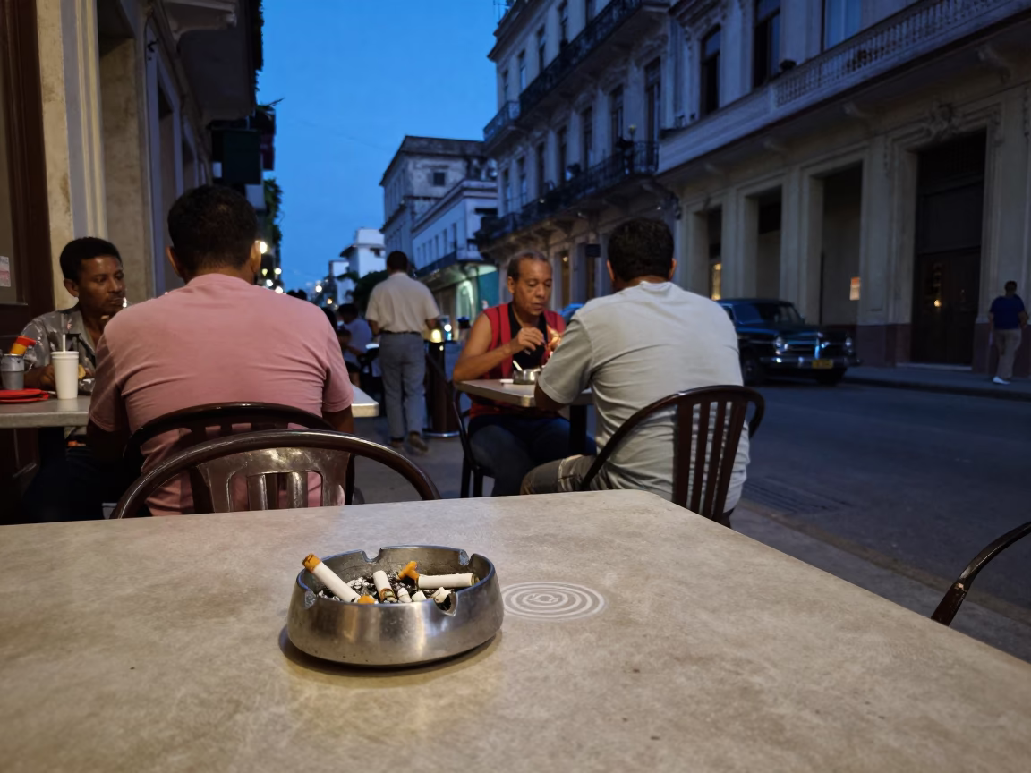 Candid Havana Street Scene at Blue Hour with Ashtray and Water Rings in in Havana, Cuba