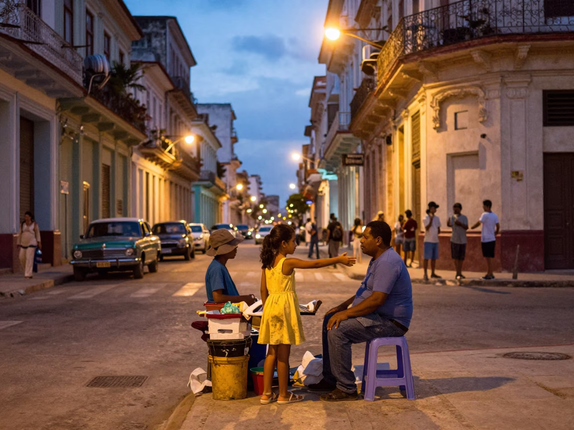 Candid Havana Street Scene at Dusk with Local Vendor and Vintage Details in in Havana, Cuba