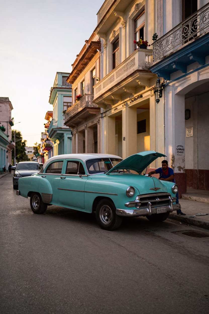Candid Havana Street Scene at Golden Hour with Local Vendor and Classic Car in in Havana, Cuba