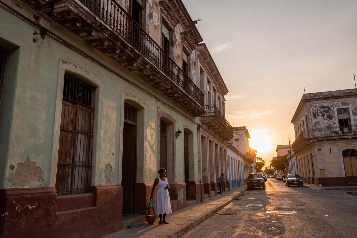 Candid Havana Street Scene at Sunset with Ceramic Pitcher and Figs in in Havana, Cuba