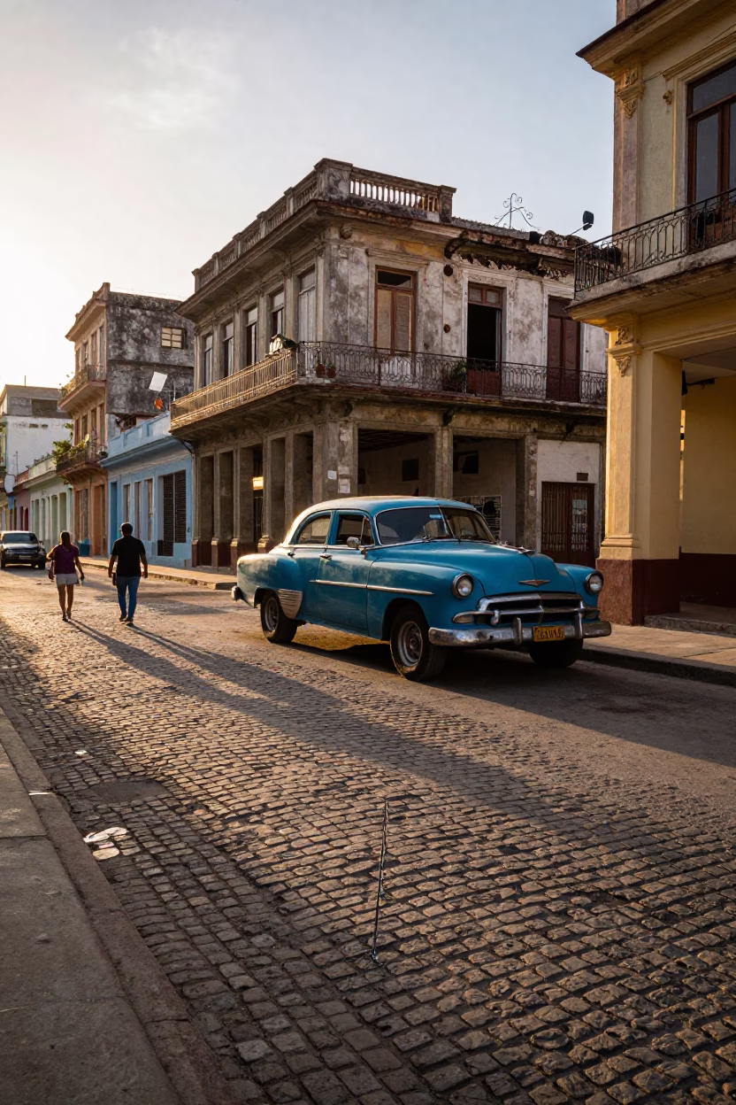 Candid Havana Street Scene at Sunset with Vintage Car and Local Vendor in in Havana, Cuba