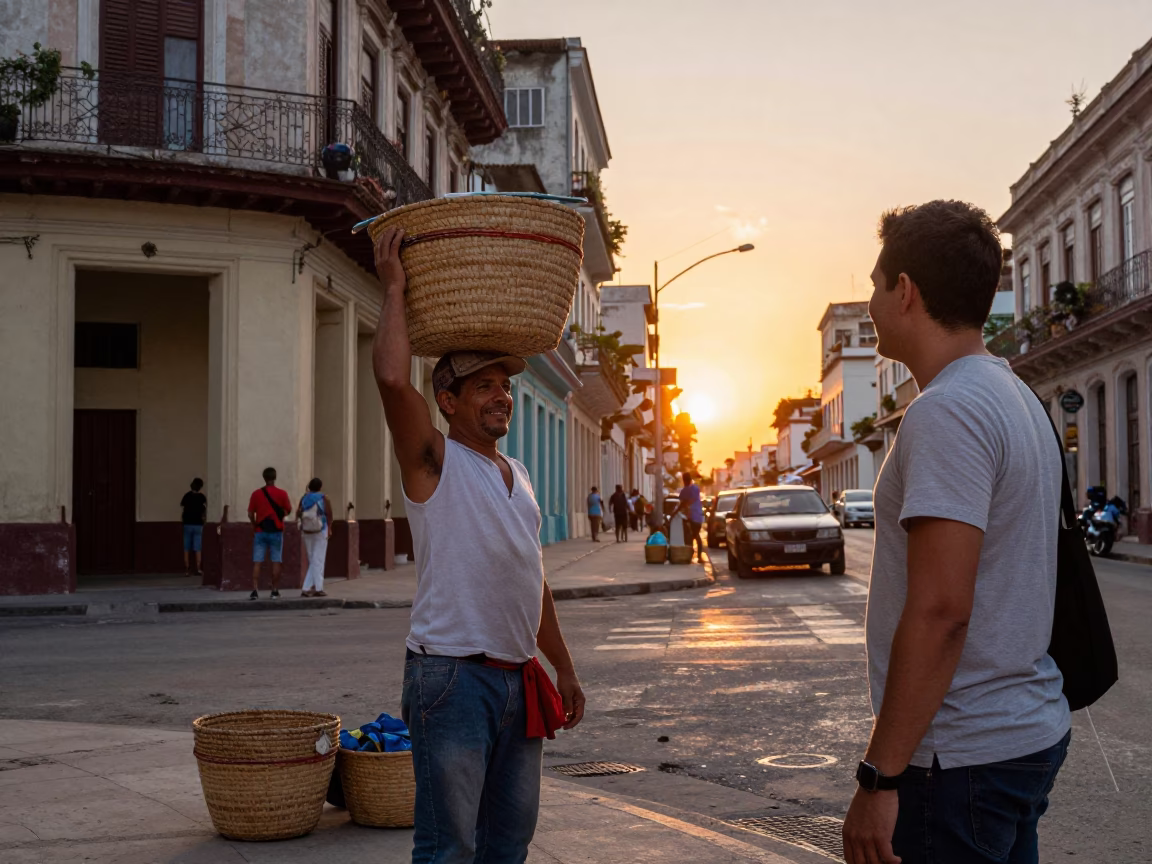 Candid Havana Street Scene at Sunset with Woven Baskets and Local Interaction in in Havana, Cuba