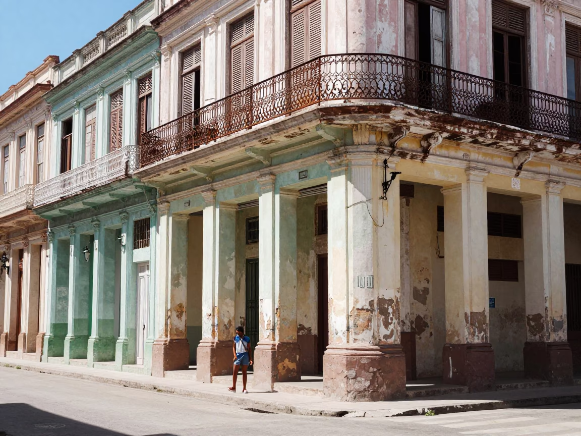 Candid Havana Street Scene Under Flat Noon Glare with Vintage Details in in Havana, Cuba