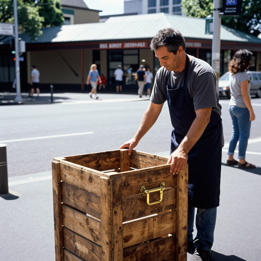 Candid Hobart Street Scene Noon Light Polished Brass Handle and Lint on Dark Fabric in in Hobart, Tasmania, Australia