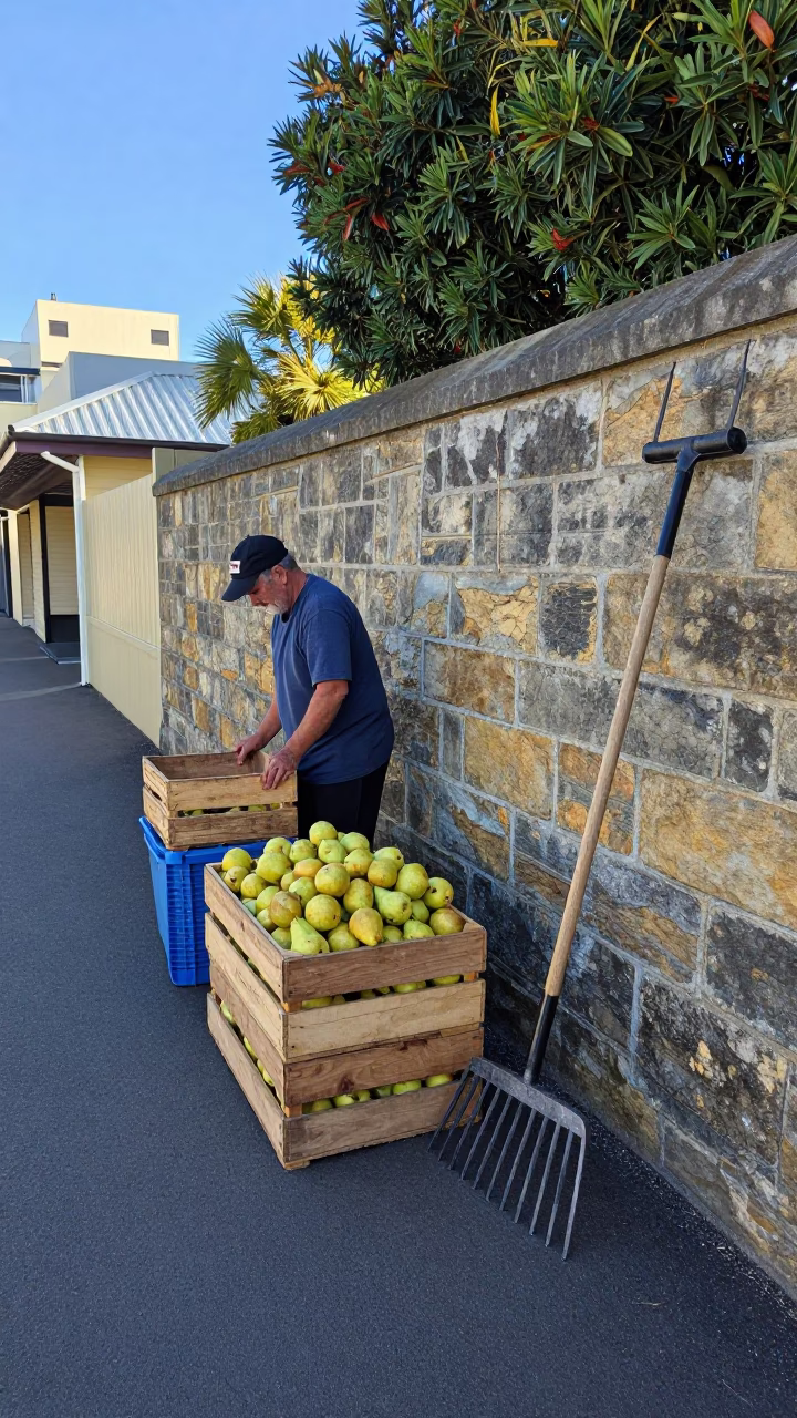 Candid Hobart Street Scene with Garden Rake and Pears in Late Afternoon Light in in Hobart, Tasmania, Australia