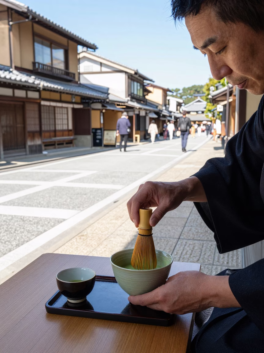 Candid Kyoto Street Moment with Traditional Tea Whisk and Vintage 1990s Camera Equipment in in Kyoto, Japan