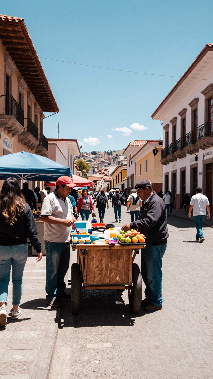 Candid La Paz Bolivia Noon Street Scene with Local Market Activity in in La Paz, Bolivia