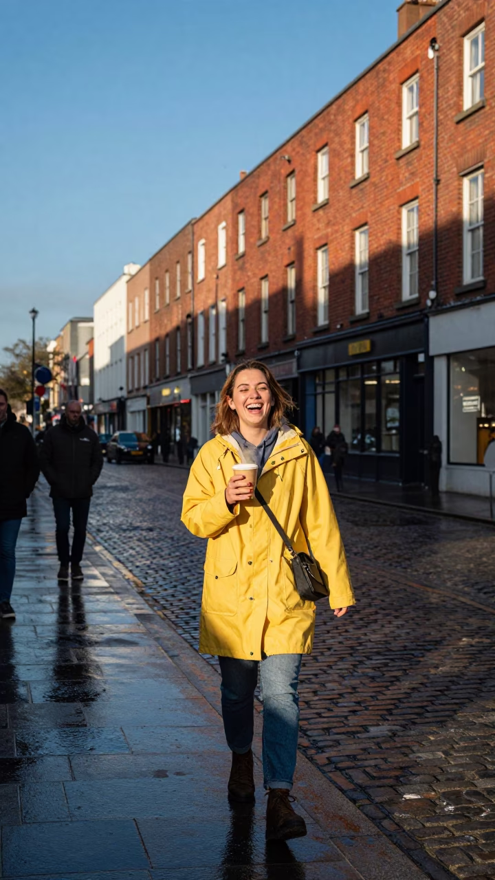 Candid Late Afternoon Portrait of Dublin Street Scene with Local Elements and Clear Light in in Dublin, Ireland