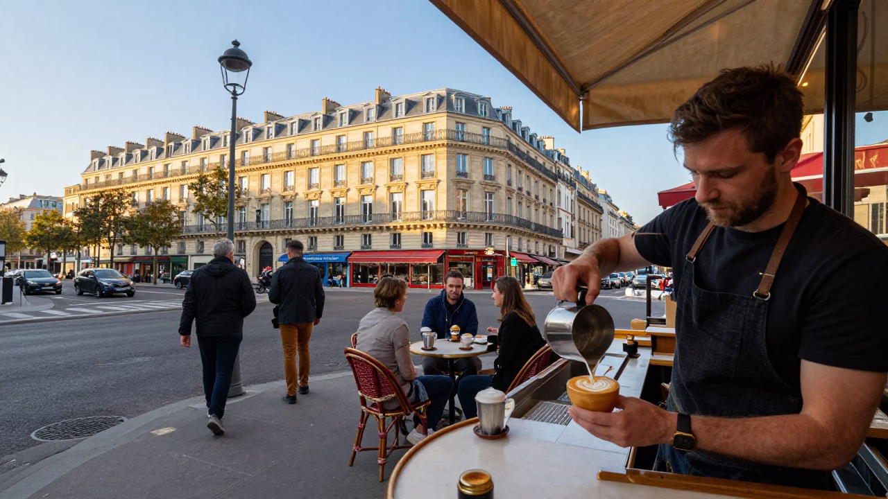 Candid Late Afternoon Street Scene in Paris France with Barista and Latte Art in in Paris, France