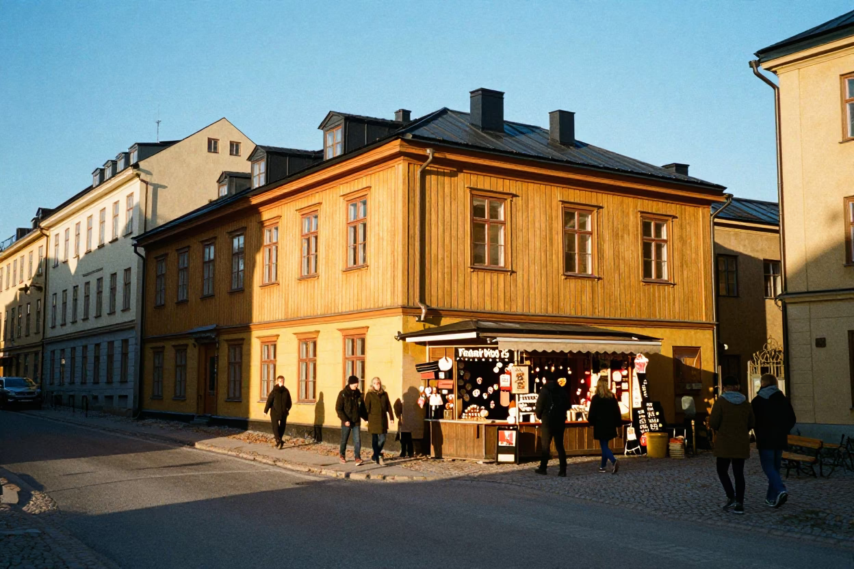 Candid Late Afternoon Street Scene in Stockholm Sweden with Wooden Architecture and Pedestrians in in Stockholm, Sweden