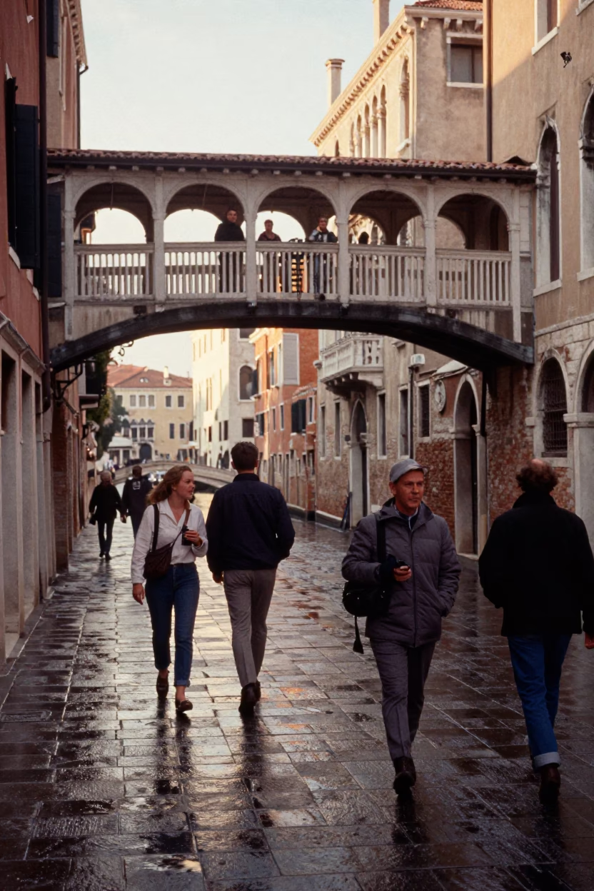 Candid Late Afternoon Venice Scene with Pedestrian Overpass and Wet Footsteps in in Venice, Italy