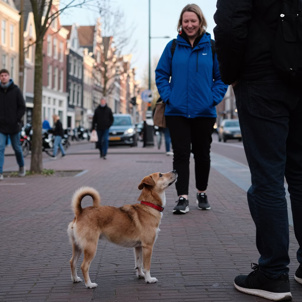 Candid Late Morning Street Scene in Amsterdam with Dog and Local Interaction in in Amsterdam, Netherlands