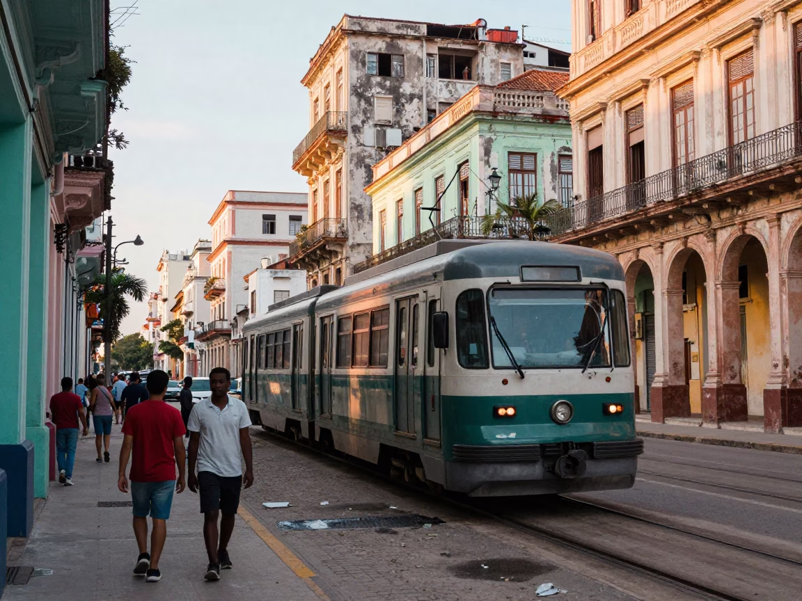 Candid Late Morning Street Scene in Havana Cuba with Monorail in in Havana, Cuba