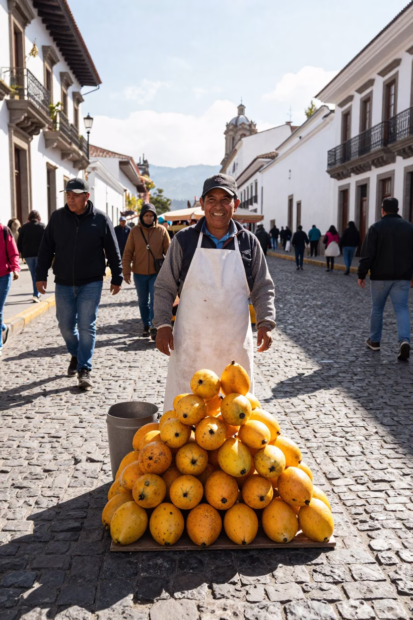 Candid Late Morning Street Scene in Quito Ecuador with Local Market Activity in in Quito, Ecuador