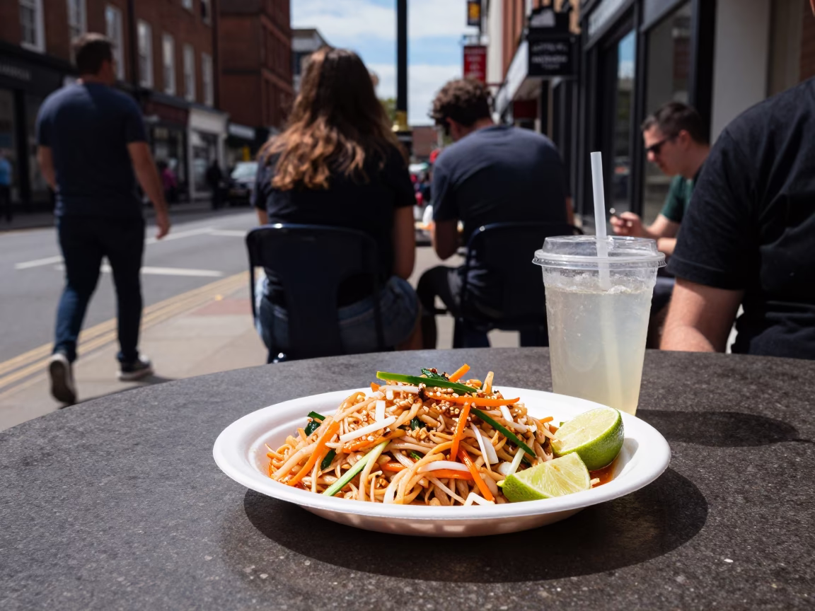 Candid Lunch Break at Liverpool Street Corner with Pad Thai and Lime in in Liverpool, United Kingdom