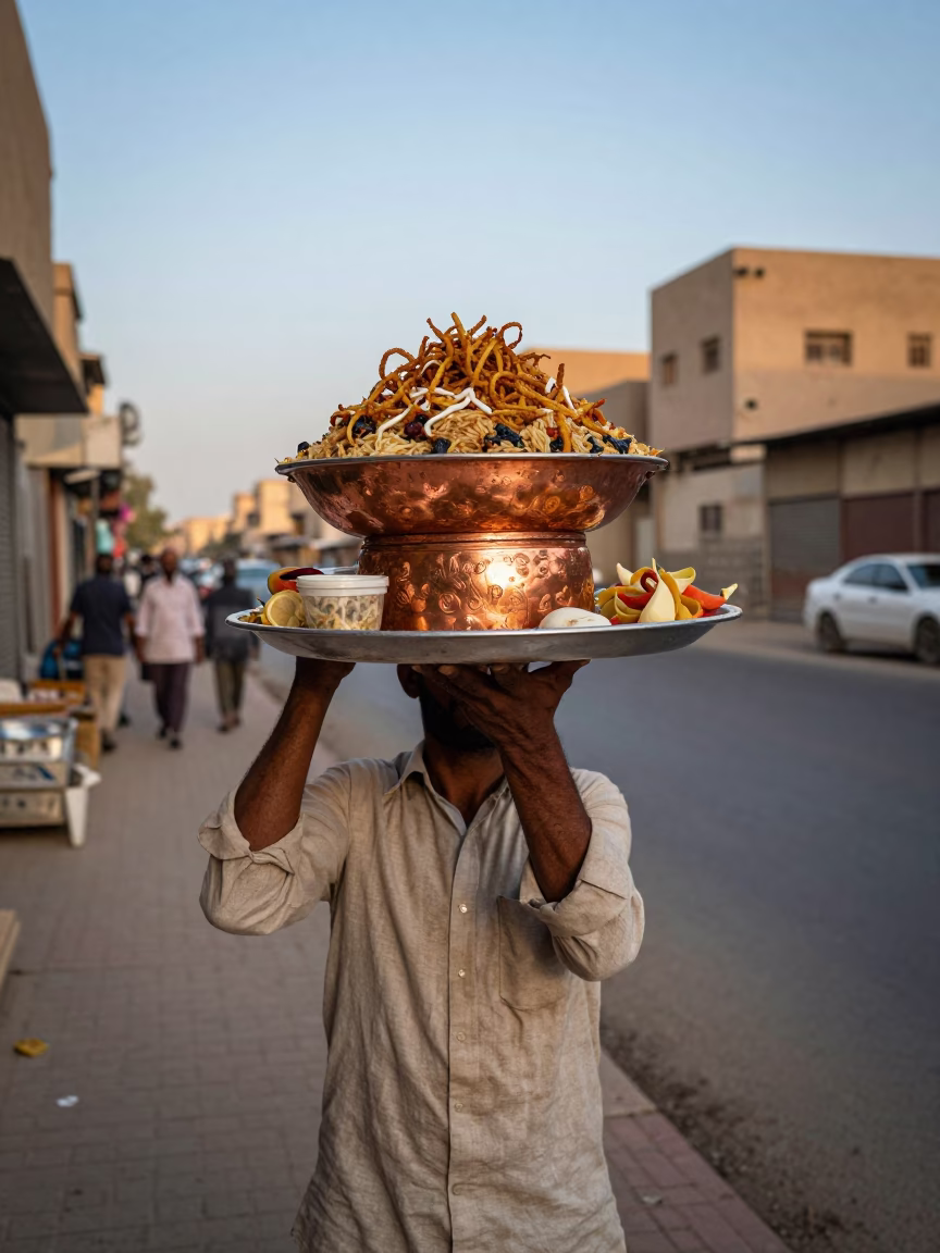 Candid Luxor Egypt Street Scene with Koshari Plate in Copper Dusk Light in in Luxor, Egypt