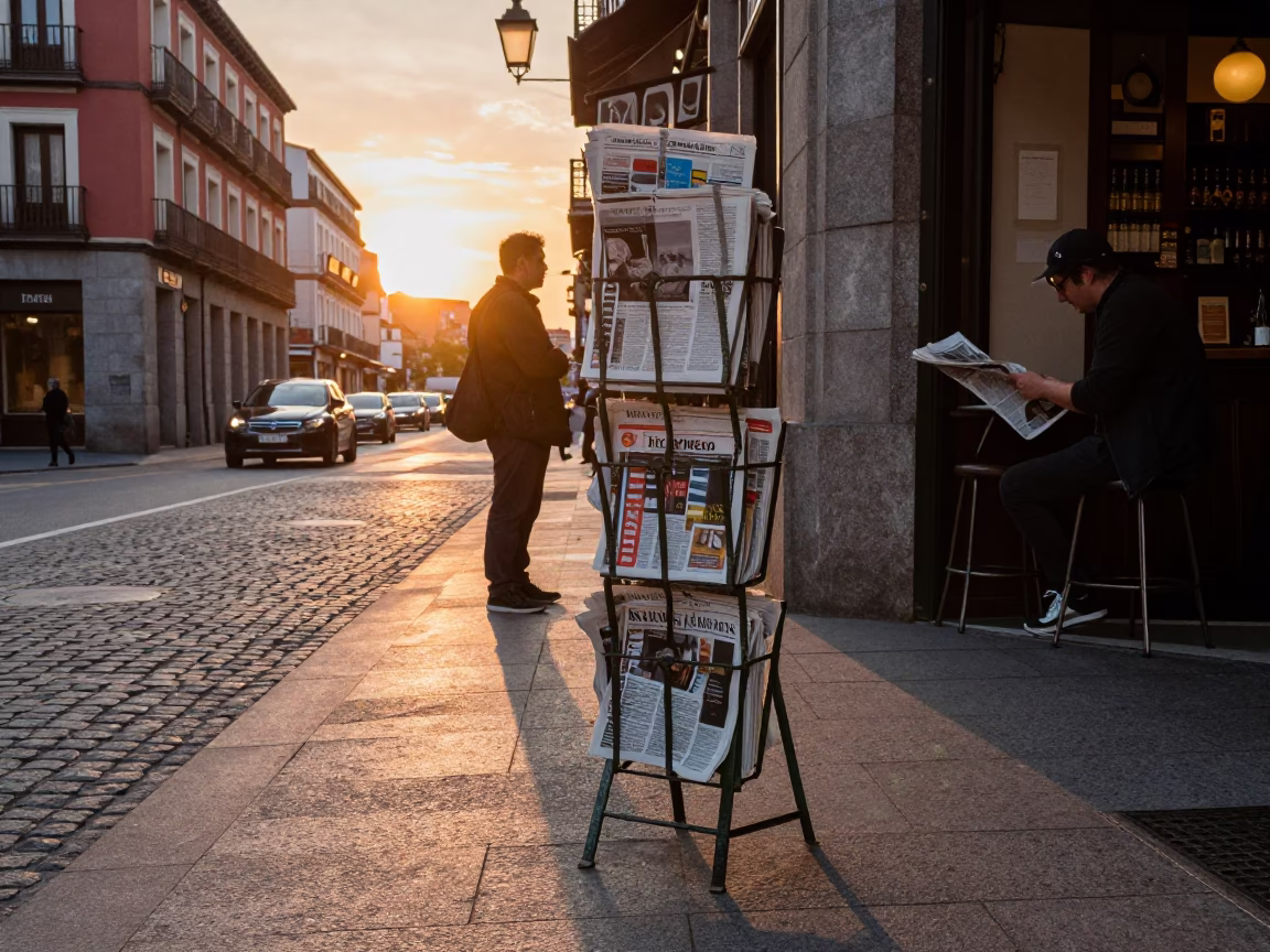 Candid Madrid Street Scene at Sunset with Magazine Rack and Local Interaction in in Madrid, Spain