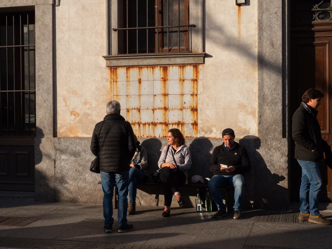 Candid Madrid Street Scene Late Afternoon with Glass Bottles and Rusty Tile Grout in in Madrid, Spain