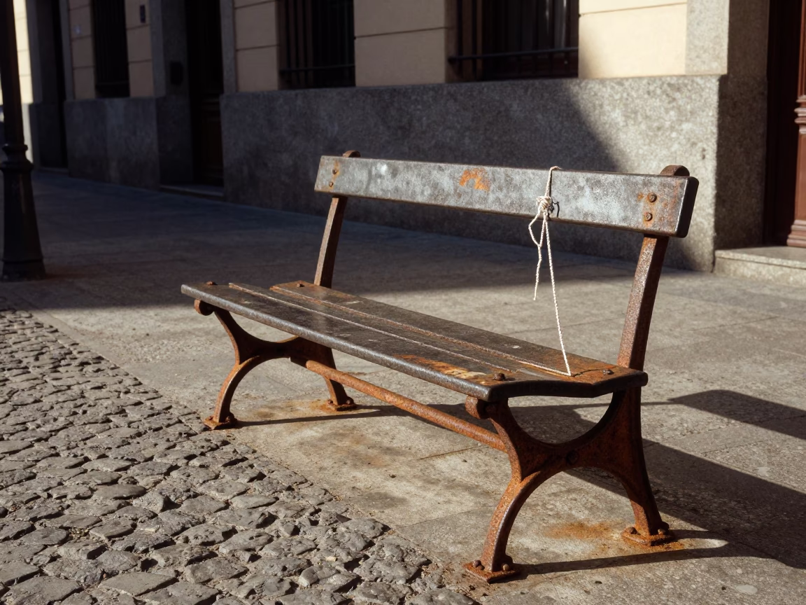 Candid Madrid Street Scene with Rusty Metal and Knitting Basket in Early Afternoon Sunlight in in Madrid, Spain