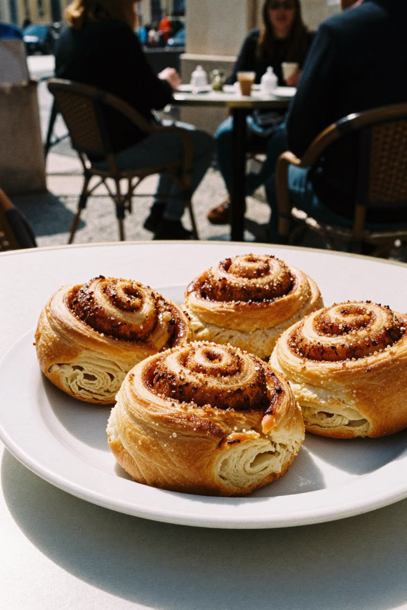 Candid Marseille Morning Cafe Scene with Cinnamon Rolls and Local Street Life in in Marseille, France