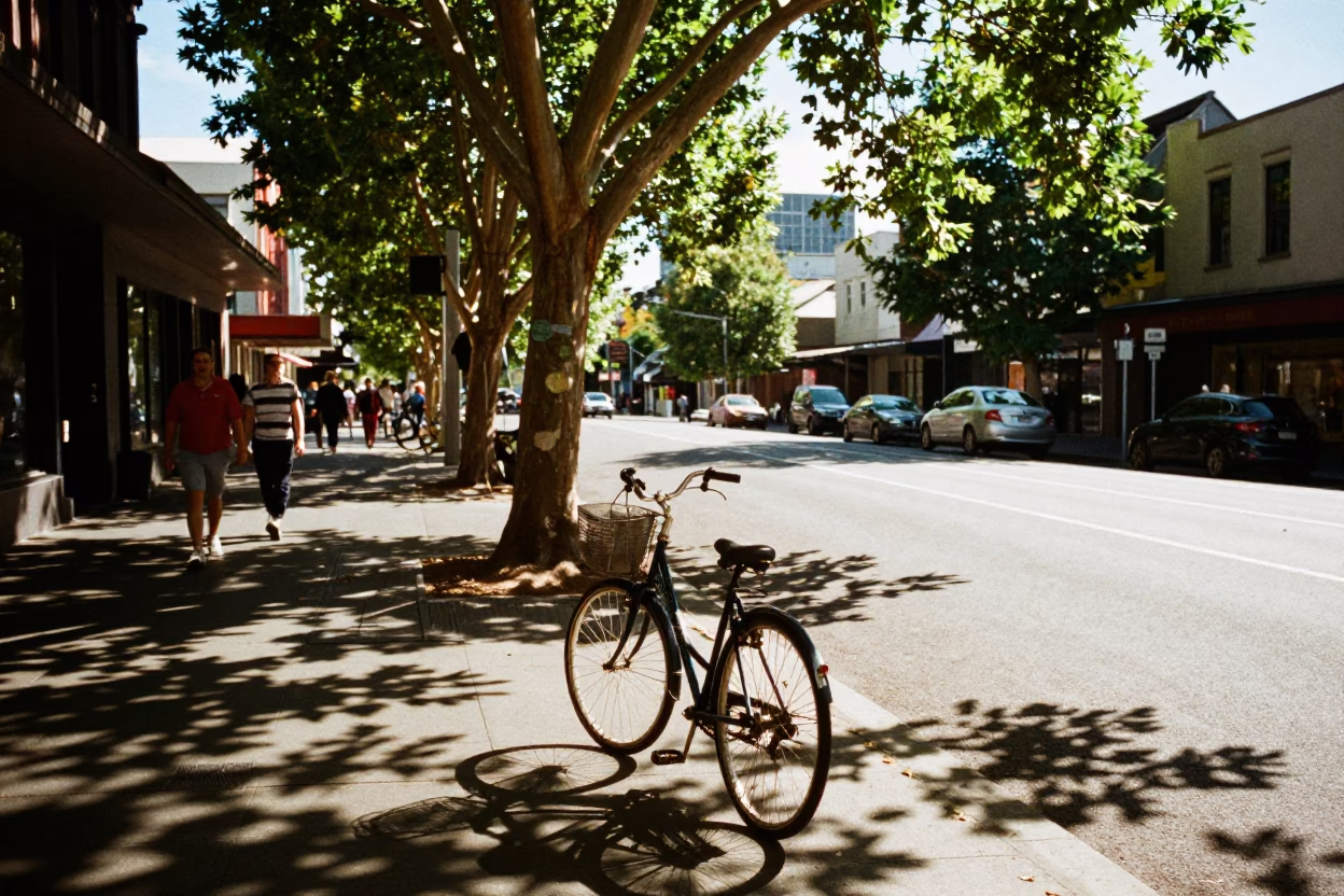 Candid Melbourne Late Afternoon Street Scene with Leaf Shadows and Urban Details in in Melbourne, Victoria, Australia