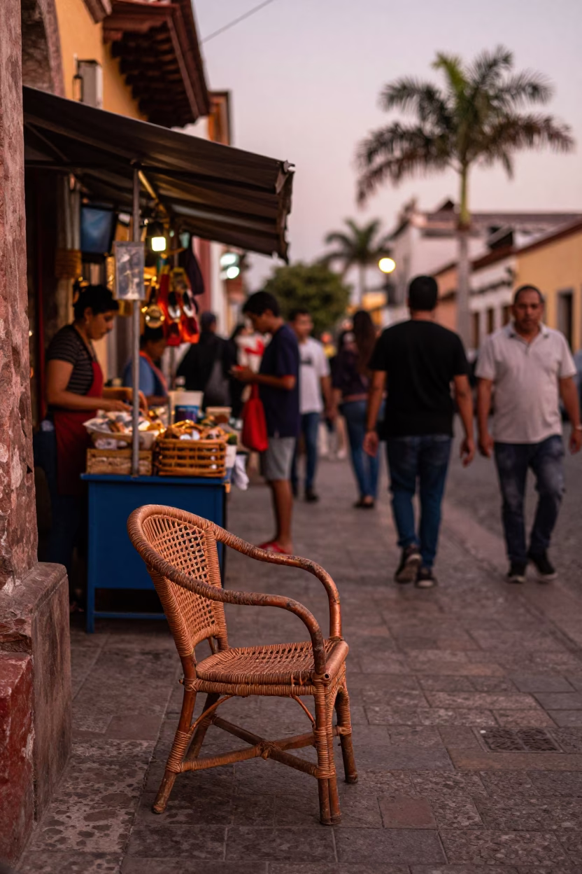 Candid Merida Mexico Street Scene Before Dusk with Rattan Chair and Local Market Activity in in Merida, Mexico
