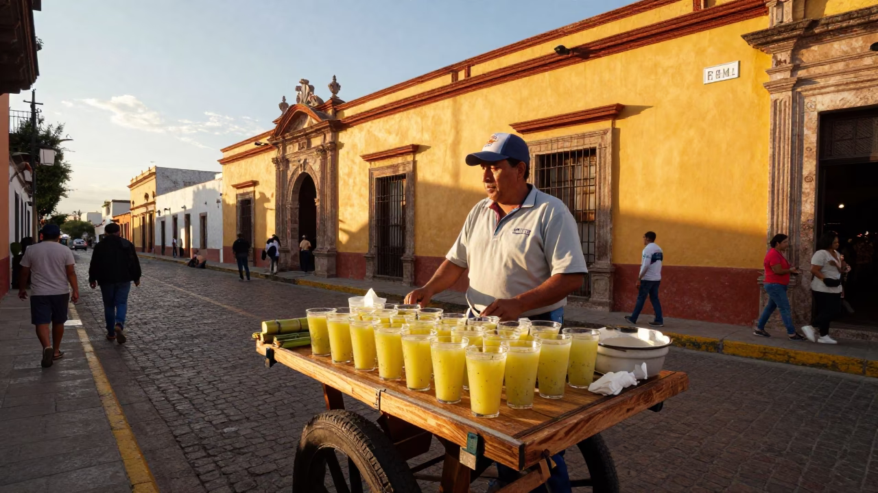 Candid Merida Street Scene in Honeyed Evening Light with Local Vendor and Passersby in in Merida, Mexico