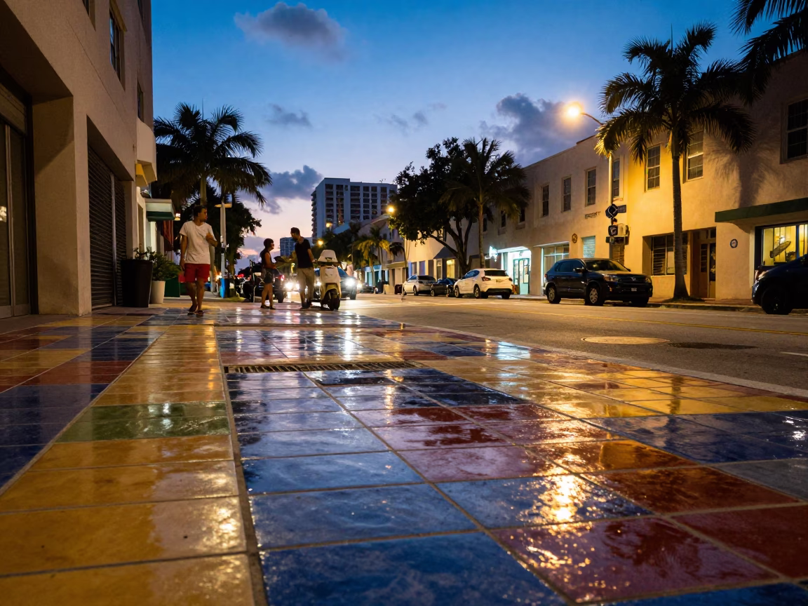 Candid Miami Street Scene at Twilight with Ceramic Tiles and Taper Candle in in Miami, Florida, United States