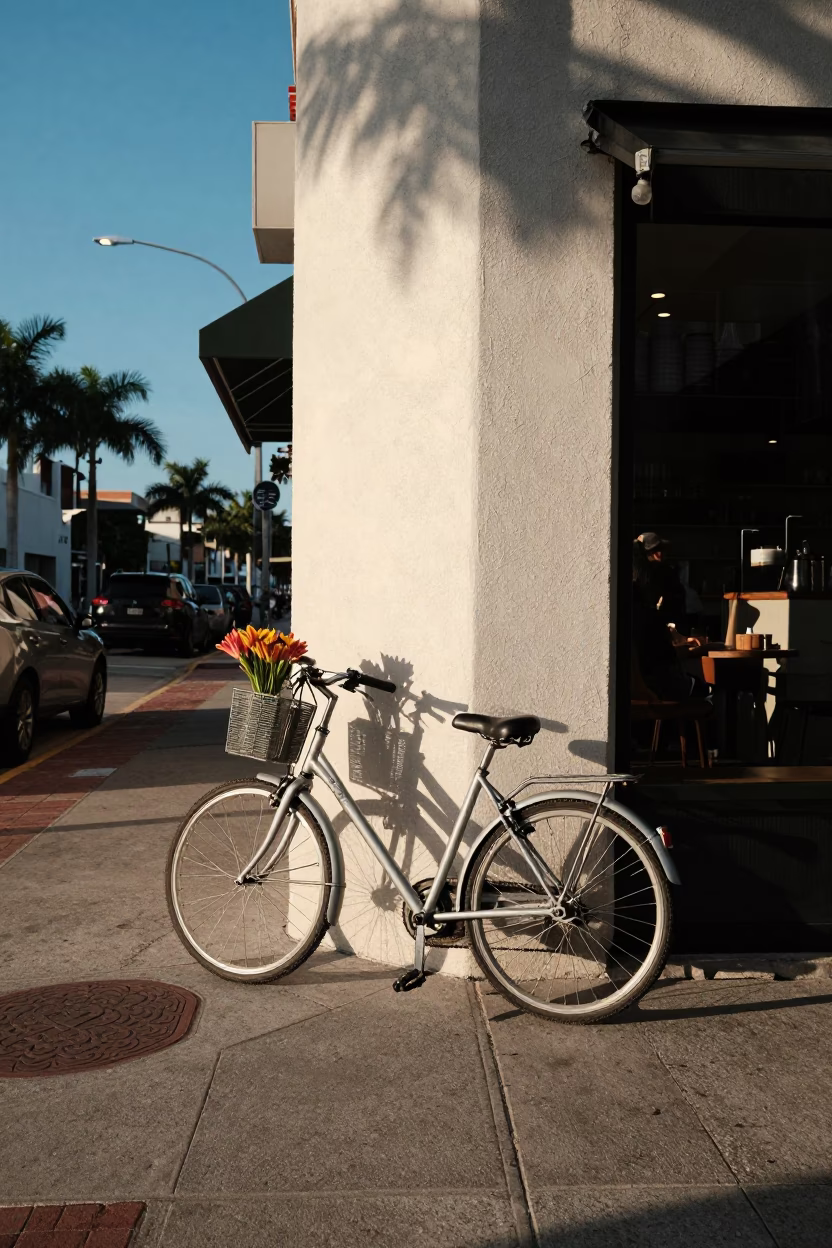Candid Miami Street Scene with Bicycle and Freesia in Late Afternoon Light in in Miami, Florida, United States
