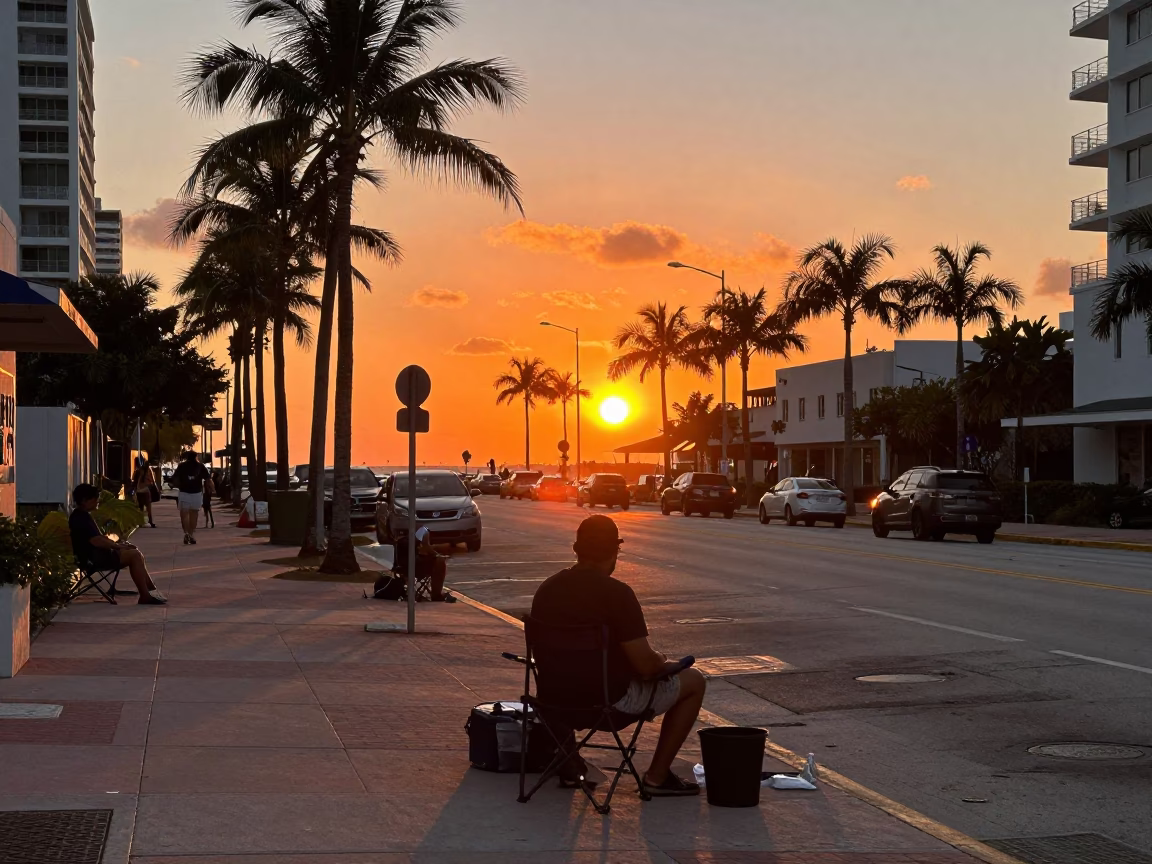 Candid Miami Sunset Street Scene with Local Artisans and Casual Pedestrians in Florida in in Miami, Florida, United States