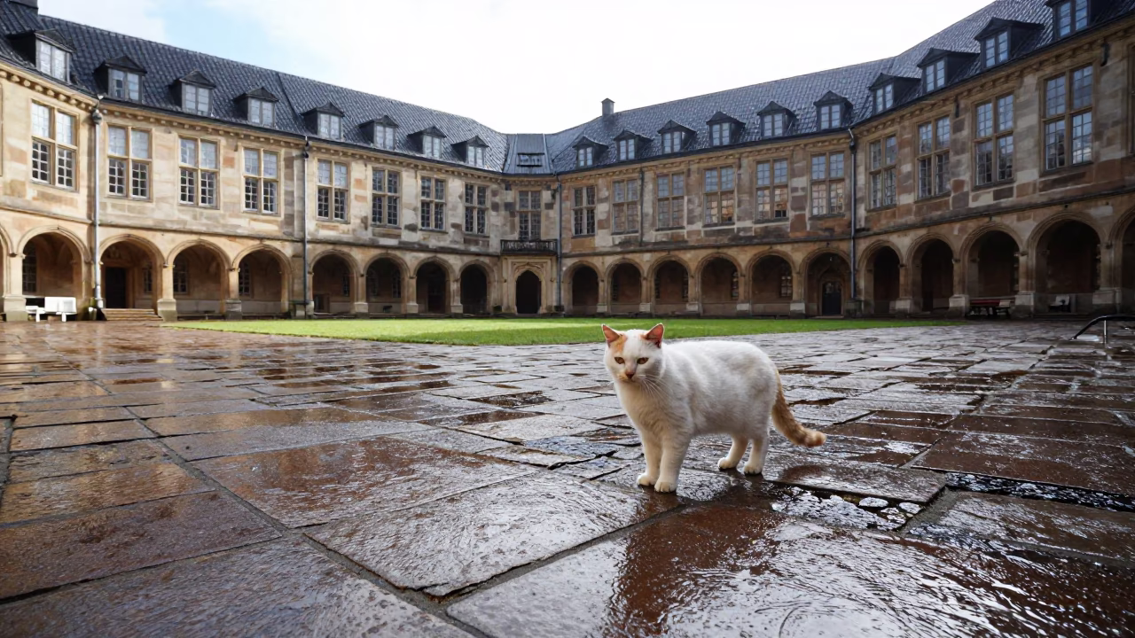 Candid Midday Copenhagen Moment with University Cloister Wet Flagstones and Turkish Van Cat in in Copenhagen, Denmark