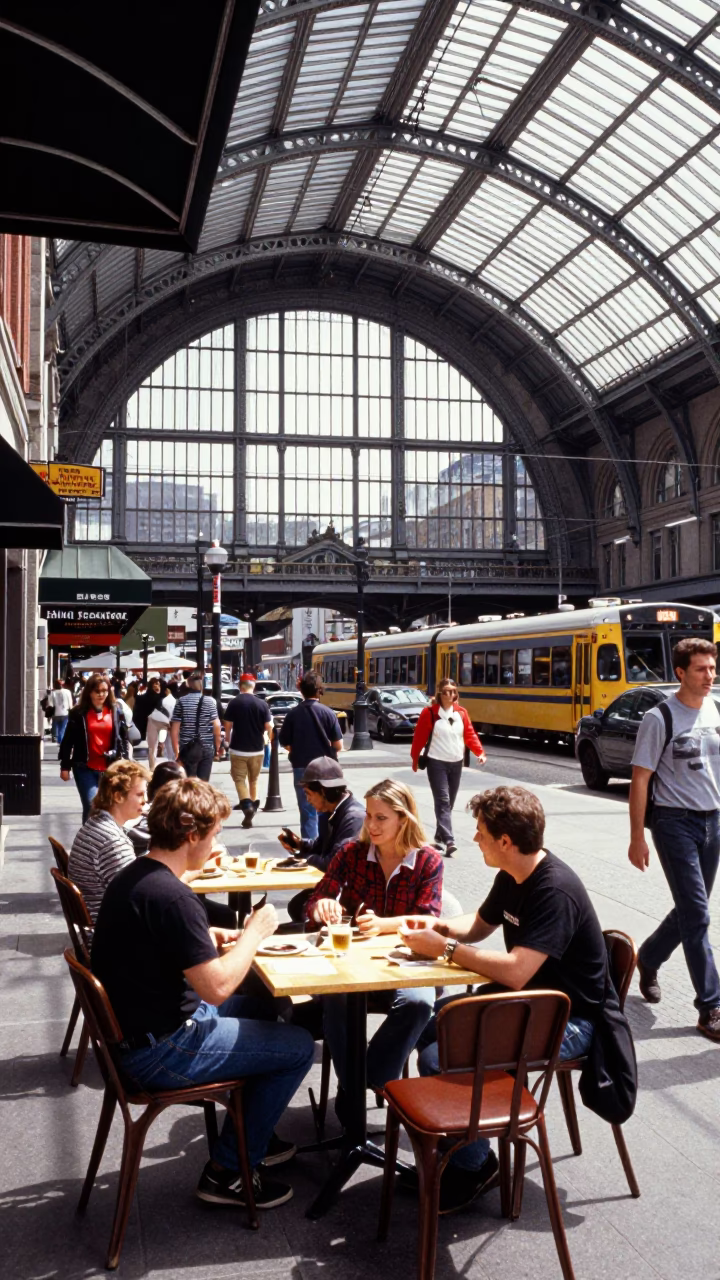 Candid Midday Montreal Street Scene with Vintage Train Station and Local Dining in in Montreal, Quebec, Canada
