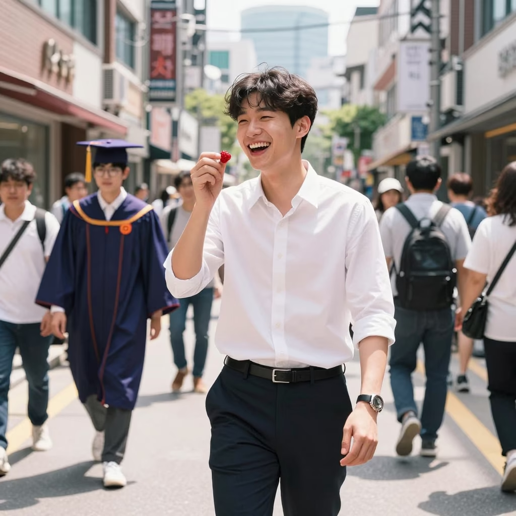 Candid Midday Street Moment in Seoul South Korea with Berry and Graduation Cap in in Seoul, South Korea