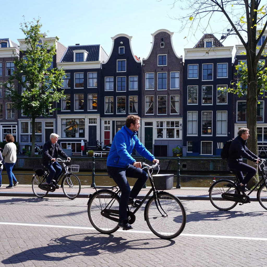 Candid Midday Street Scene in Amsterdam Netherlands with Cyclist and Traditional Canal House in in Amsterdam, Netherlands